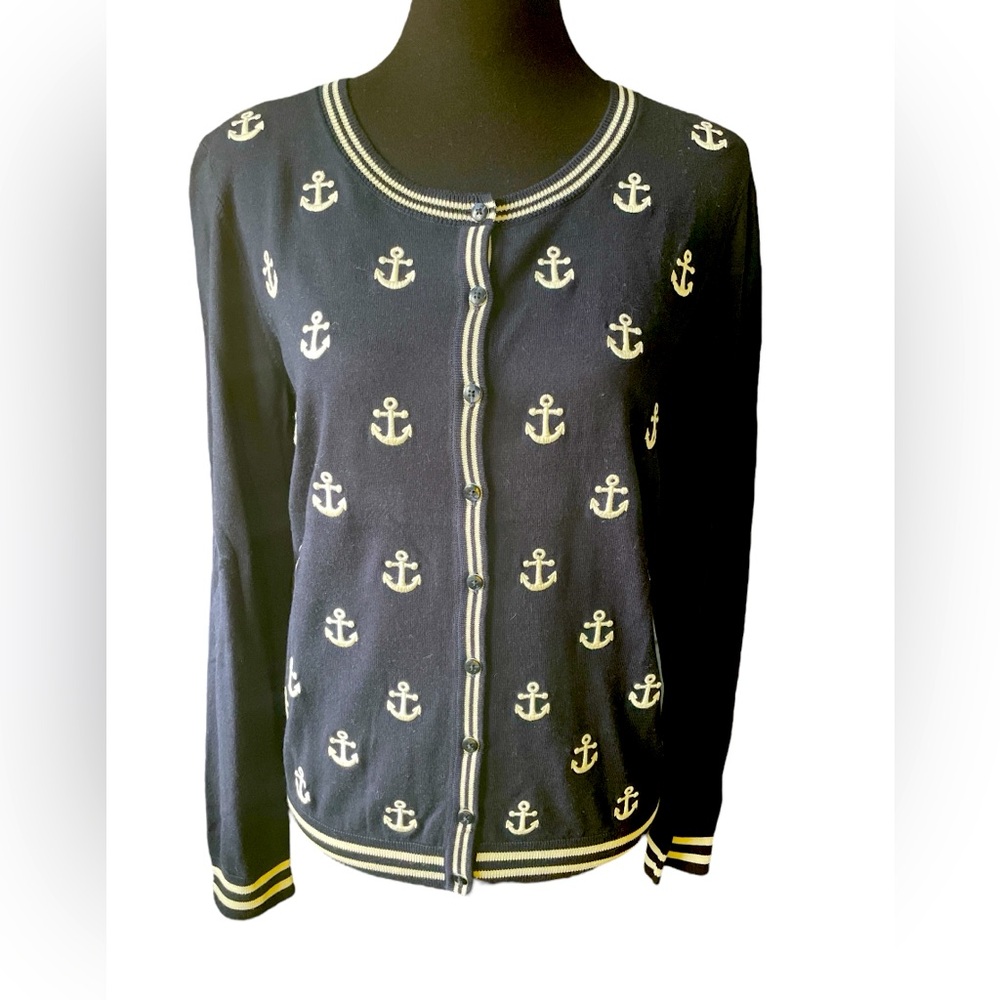 Talbots Charming Cardigan Embroidered Anchors, Navy & White, Size Medium,